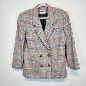Vintage Oversized Plaid Blazer Tweed Wool Double Breast Size 8 Preppy Clueless
